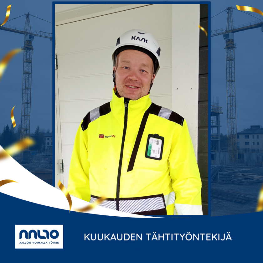 Теему Семенофф, звездный сотрудник Aaltovoima, в рабочей одежде на стройке